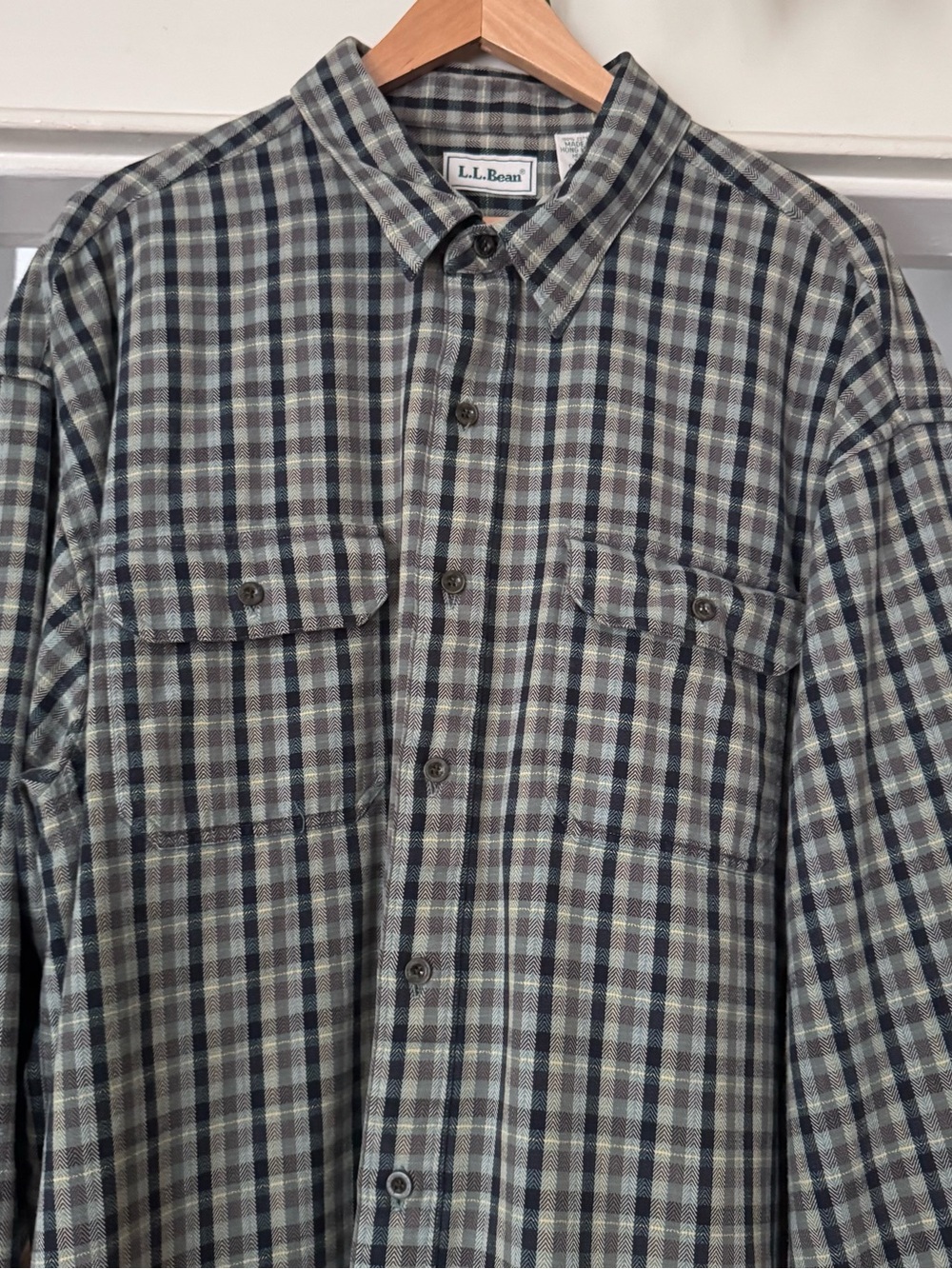 Vintage LLBean Flannel 90s green gray blue xxl tall plaid long sleeve